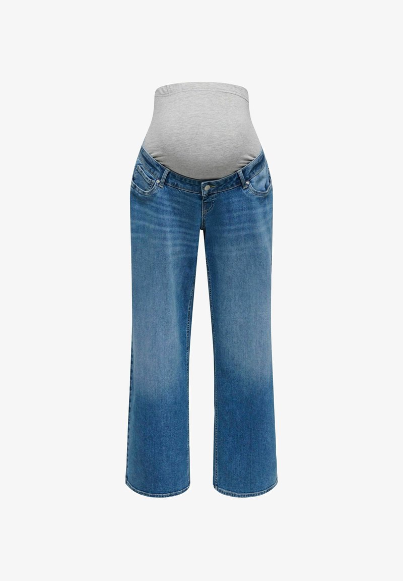 Jeans de maternité avec jambes en denim bleu clair et un panneau en tissu gris extensible pour soutenir le ventre.