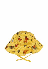 Keltainen ämpärilakki, jossa on lehmä- ja polkupyöräkuvioita, leveällä reunalla ja säädettävillä nauhoilla. Valmistettu kevyestä kankaasta, raidallisesta muotoilusta.