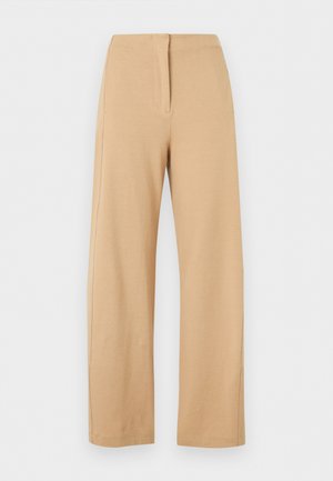 Beige high-waist wide-leg trousers with simple front seam detail and concealed fastening, displayed on a white background.