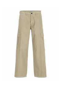 Beige cargobyxor med rak passform, tillverkade av vävt tyg. Har två sidofickor och en knappstängning. Slät yta, minimal detaljering.