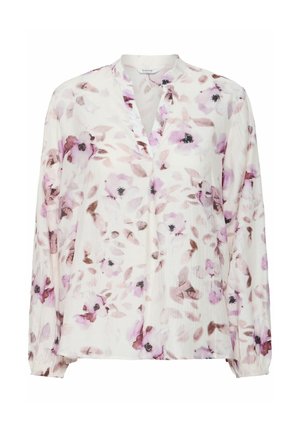 Lichtgewicht blouse met lange mouwen met een bloemenpatroon in tinten roze en paars op een witte achtergrond, met een v-halslijn en elastische manchetten.