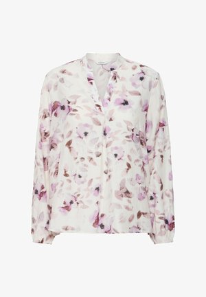 Lichtgewicht blouse met lange mouwen met een bloemenpatroon in tinten roze en paars op een witte achtergrond, met een v-halslijn en elastische manchetten.