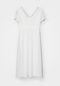 Valge kleit, millel on V-avaga kaelus, lühikesed lokkis varrukad ja plekitud vöökoht. Tekstureeritud rinnaosa koos kihilise, voolava seelikuosaga.