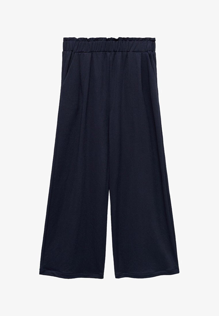 Pantalon large marine avec une taille extensible, coupe décontractée et texture de tissu lisse. Pas de poches ni d'ornements visibles.