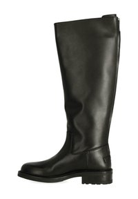 Bota de cuero negra hasta la rodilla con un diseño elegante, punta redondeada, suela gruesa y un zipper lateral para poner y quitar fácilmente.