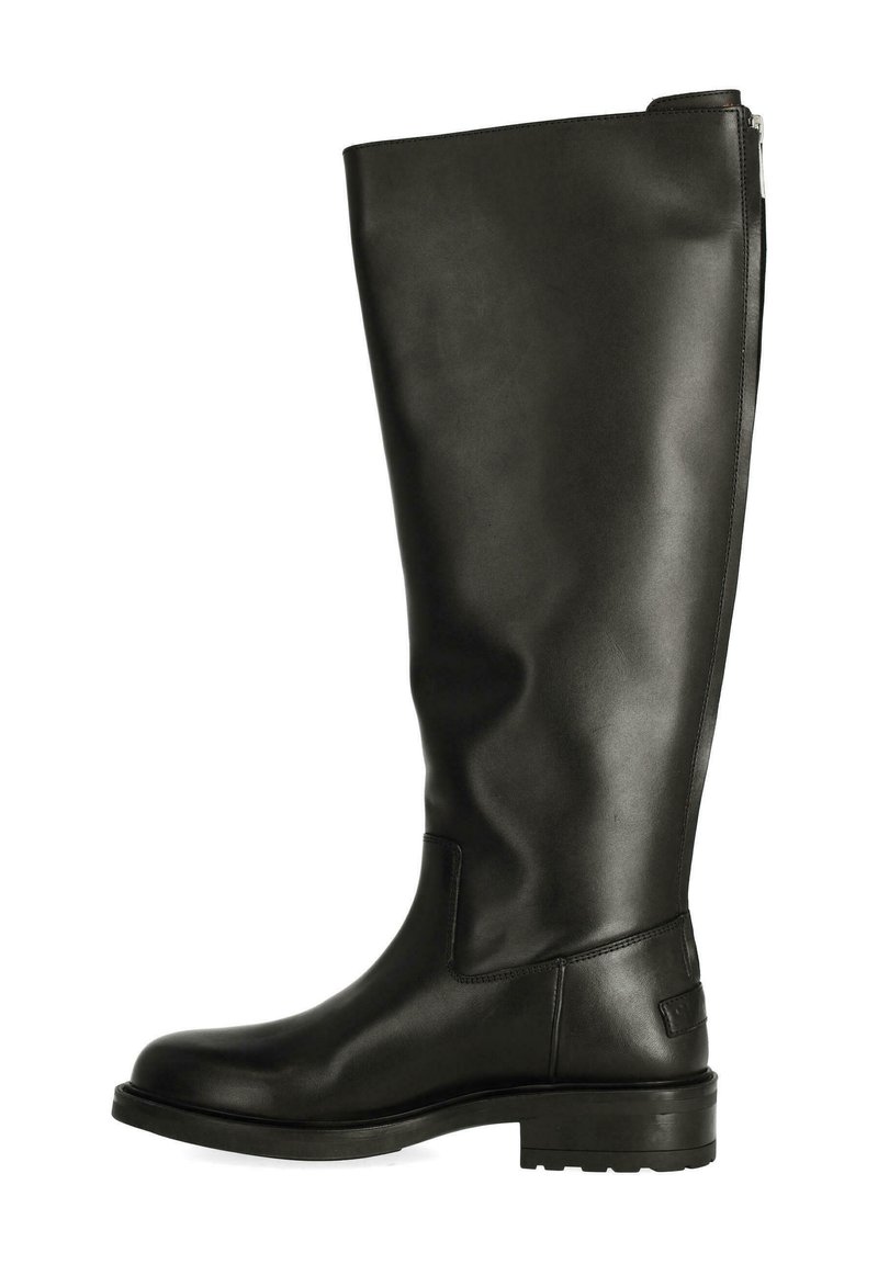 Bota de cuero negra hasta la rodilla con un diseño elegante, punta redondeada, suela gruesa y un zipper lateral para poner y quitar fácilmente.