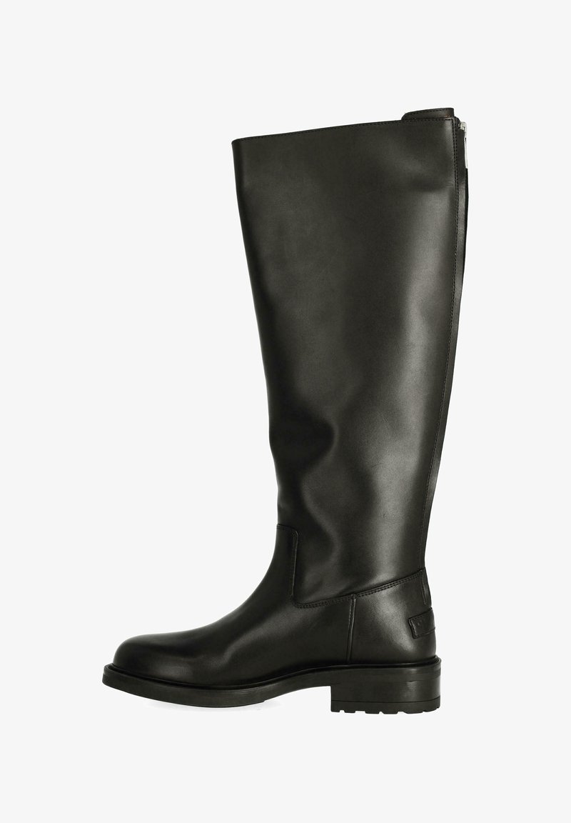 Bota de cuero negra hasta la rodilla con un diseño elegante, punta redondeada, suela gruesa y un zipper lateral para poner y quitar fácilmente.