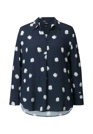 Tmavě modrá košile s dlouhými rukávy, zdobená bílými skvrnitými vzory, zapínáním na knoflíky a zakřiveným lemem. Vyrobena z lehké látky.