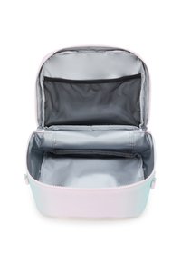 Borsa rettangolare dai colori pastello aperta per mostrare un ampio scomparto principale e una tasca con zip in rete all'interno di una fodera grigia.