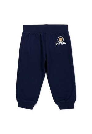 Granatowe spodnie dla małych dzieci z elastycznym pasem i mankietami, z małym logo misia i tekstem "Moschino" na górnej lewej nogawce.