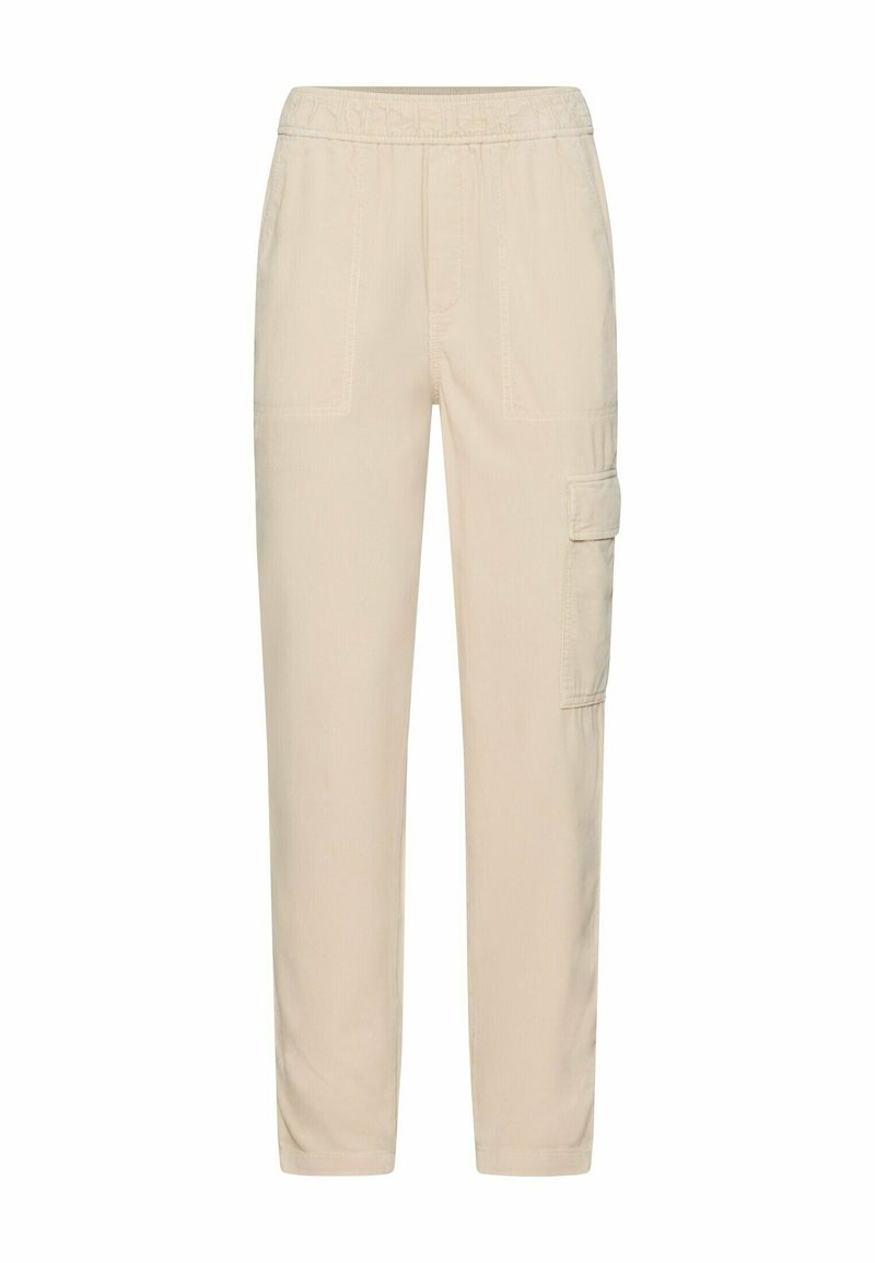 Beige cargobroek met een elastische tailleband, twee voorzakken en een zijvak. Gemaakt van een textuurstof met een rechte pijpzending.
