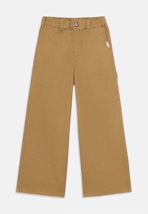 Khaki wide-leg trousers made from durable fabric, featuring an elastic waistband, front button closure, and side pockets for versatility.
