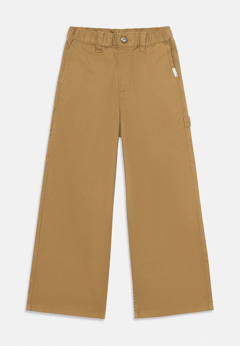 Kaki vide bukser laget av slitesterkt stoff, med elastisk midje, frontknapplukking og sidelommer for allsidighet.