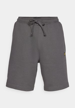 Gray cotton shorts with a drawstring waist, featuring a textured finish and a small yellow logo on the left side. Classic cut.