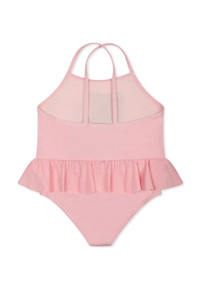 Costume da bagno rosa con orlo arricciato, collo all'americana e più cinturini. Realizzato in tessuto morbido; presenta un design a tinta unita.