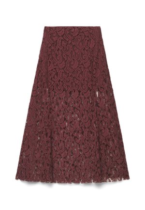 Jupe patineuse en dentelle bordeaux foncé avec motifs floraux et ourlet festonné, conçue pour une longueur moyenne.
