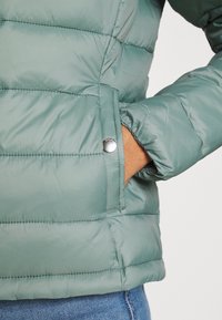 Giacca imbottita verde con una texture morbida e lucida. Presenta dettagli cuciti e una tasca con bottone a pressione sul lato sinistro vicino all'orlo.