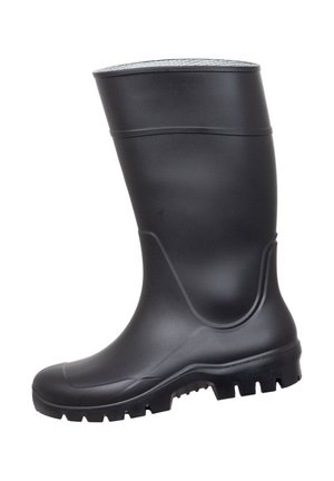 Black rubber waterproof boot with textured sole designed for outdoor or work use, shown in side profile on white background.