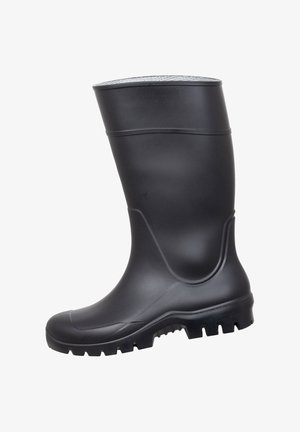 Black rubber waterproof boot with textured sole designed for outdoor or work use, shown in side profile on white background.