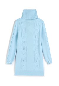 Abito maglione azzurro chiaro con un alto colletto a costine, caratterizzato da motivi a trecce sulle maniche e polsini abbottonati. Texture morbida.