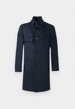 Marineblauer Trenchcoat mit hohem Kragen, ausgestattet mit vier Knöpfen, Seitentaschen und einem glatten, strukturierten Stoff. Klassisches Design mit taillierter Passform.