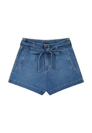 Kõrge vöökohaga teksapüksid, millel on seotud kangast vöö, eesmine nööp ja kaks vertikaalset küljetaskut.