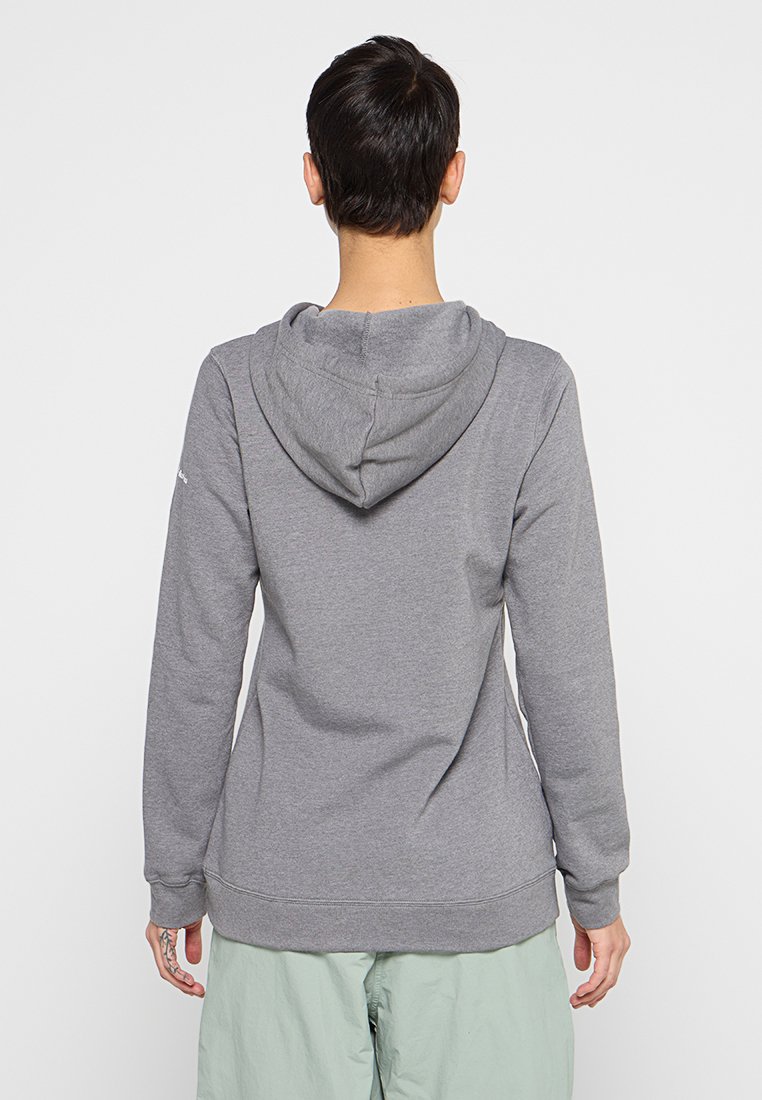 Sudadera gris con capucha y mangas largas, de textura suave y con un bolsillo tipo canguro. Presenta una capucha ajustable con cordones y puños y dobladillo elásticos.