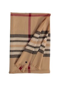 Sciarpa a scacchi beige con strisce nere e rosse, realizzata in tessuto morbido con bordi frangiati. Dettaglio accentato nero notevole in un angolo.