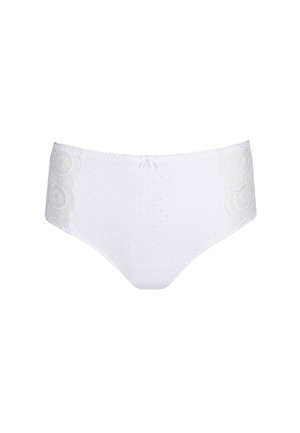 Witte slip voor dames met kleine gestippelde textuur, kanten cirkelpatronen aan de zijkanten en een klein strikje in het midden van de tailleband.