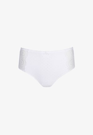 Witte slip voor dames met kleine gestippelde textuur, kanten cirkelpatronen aan de zijkanten en een klein strikje in het midden van de tailleband.