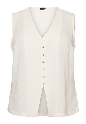 Ärmellose cremefarbene Bluse mit V-Ausschnitt, Frontschlitz und sechs goldenen Knöpfen in der Mitte, Größe Medium, Marke Zizzi.