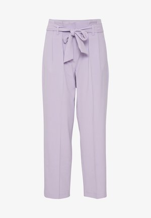 Lila housut, joissa on solmittava vyö, plettetty etuosa ja leveä lahje. ValMistettu sileästä kankaasta, jossa on siisti viimeistely.