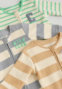 Tre ribbede, stribede baby zip-up sæt: mintgrøn og creme, grå og creme, tan og creme. Indeholder "C" og "MILK CLUB" tekstaccentuer.