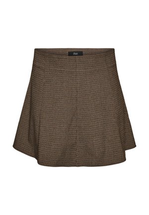 Braun und schwarz kariertes Hahnentrittmuster A-Linien-Rock mit hoher Taille und einem kleinen schwarzen Etikett in der Mitte des Taillenbunds.