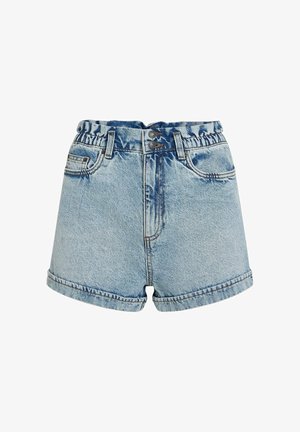 Džínové šortky s svetlomodrým praním, vybavené elastickým pásom, ošúchanými okrajmi a prednými vreckami. Zapínanie na dva gombíky v páse.