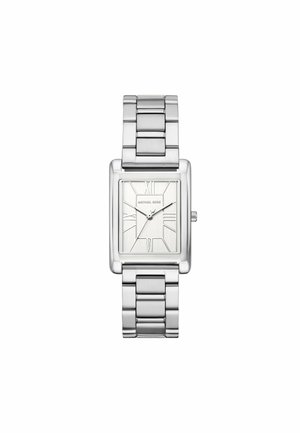 Orologio in acciaio inossidabile argentato con quadrante rettangolare, dotato di numeri romani e un quadrante testurizzato. Design con bracciale a maglie. Movimento al quarzo.