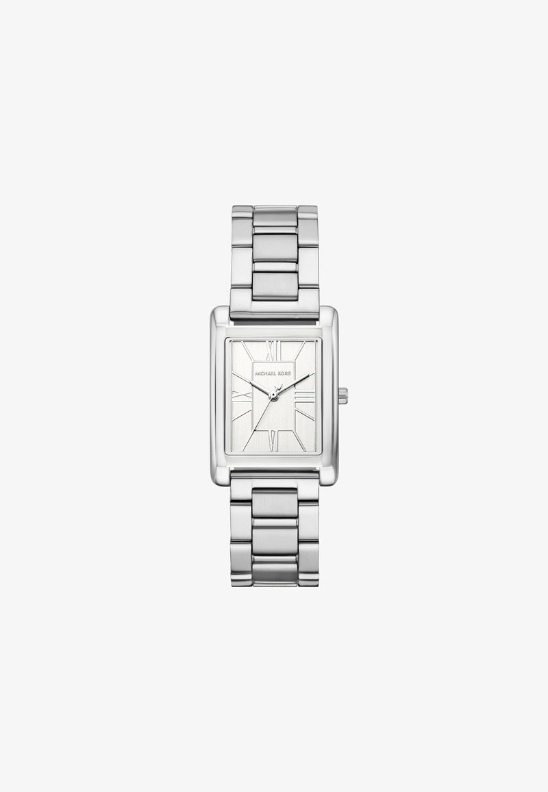 Reloj de acero inoxidable plateado con una esfera rectangular, que presenta números romanos y un dial texturizado. Diseño de pulsera de eslabones. Movimiento de cuarzo.