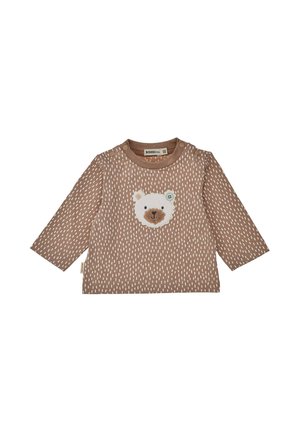 Brown long-sleeve baby shirt with white dashes pattern and a white bear face appliqué centered on the chest.