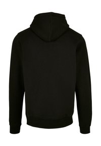 Black hooded sweatshirt with a simple design. Features a soft, textured fabric and ribbed cuffs. No visible logos or patterns.