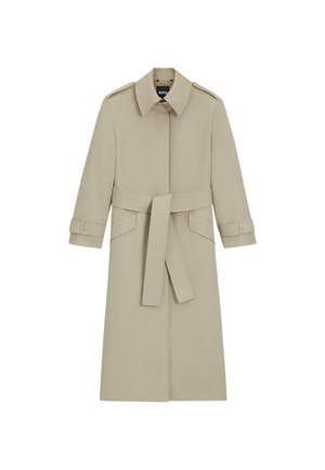 Light beige trench coat with a belt, flap pockets, and a classic collar. Smooth texture and mid-length design, suitable for various styles.