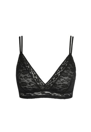 Black lace bralette with adjustable slender straps, triangular cups, and scalloped edges. Features floral lace pattern and soft texture.