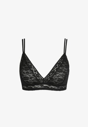 Schwarzer Spitzen-Bralette mit verstellbaren dünnen Trägern, dreieckigen Cups und gewellten Kanten. Verfügt über ein florales Spitzenmuster und eine weiche Textur.