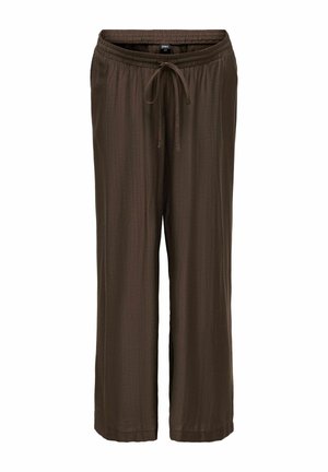 Barna, bő szabású nadrág rugalmas derékpánttal és húzózsinórral, könnyű anyagból, egyenes, széles szárak, alkalmi stílus.