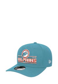 Teal baseball cap featuring embroidered "DOLPHINS" and a Miami Dolphins logo. Structured design with a flat brim and New Era logo on the side.