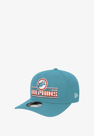 Teal baseball cap featuring embroidered "DOLPHINS" and a Miami Dolphins logo. Structured design with a flat brim and New Era logo on the side.