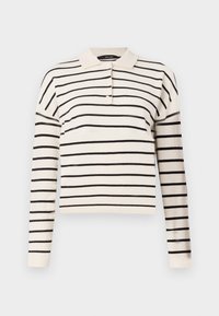 Long-sleeve polo shirt in cream with black horizontal stripes, featuring a classic collar and three button closure at the neckline.