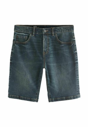 Shorts in denim blu scuro con bottone frontale e zip, due tasche anteriori e posteriori, e cuciture a contrasto.