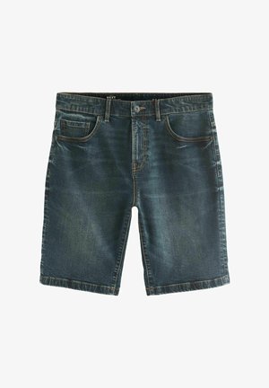 Shorts in denim blu scuro con bottone frontale e zip, due tasche anteriori e posteriori, e cuciture a contrasto.