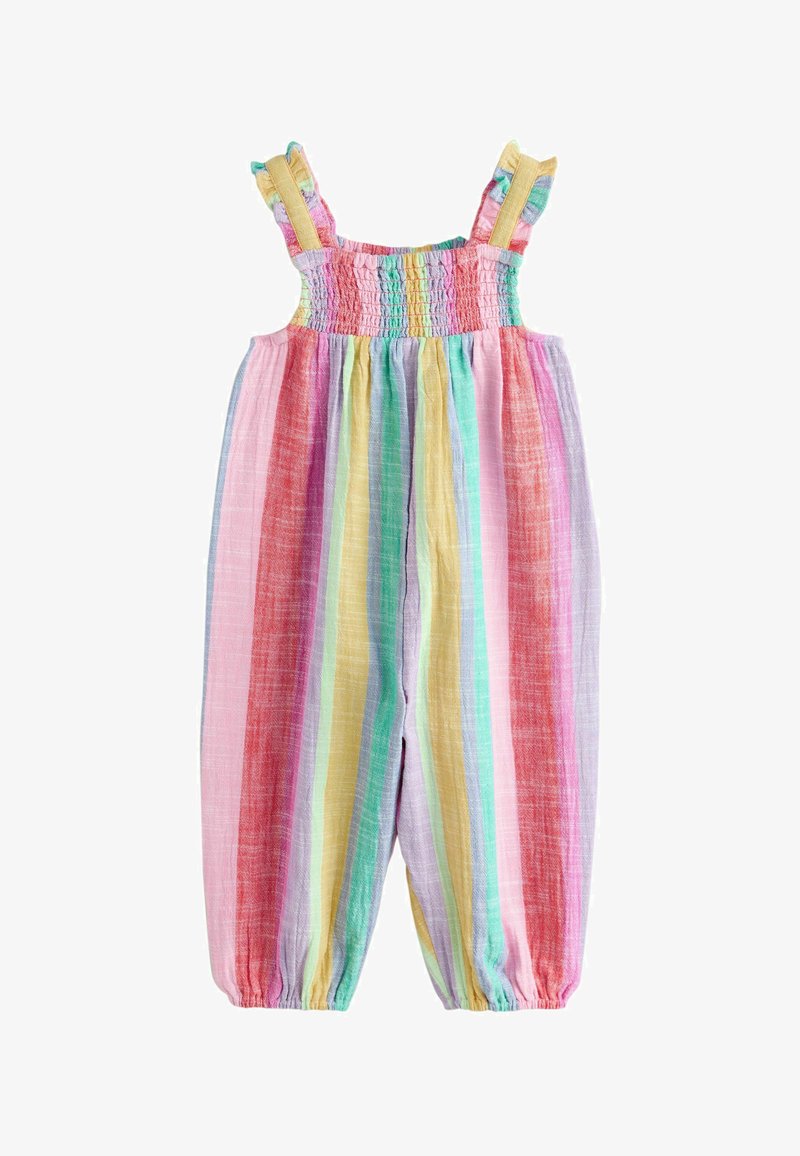 Ärmelloser Baby-Overall mit gerafftem Oberteil und vertikalen pastellfarbenen Streifen in Rosa, Gelb, Grün und Lila, mit elastischen Bündchen an den Knöcheln.