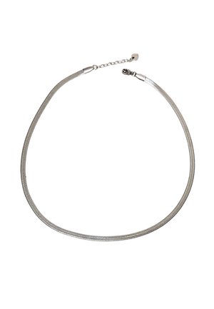 Srebrna ogrlica z verižnimi členki v kačjem slogu in zaponko v obliki škarje za rakce, s kratkim nastavljivim podaljševalnim verižnim delom.